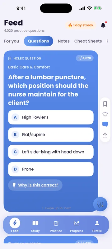 CinnaRN app: the study feed with a practice question