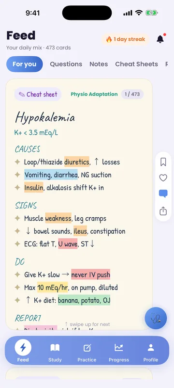 CinnaRN app: a cheat sheet in the study feed